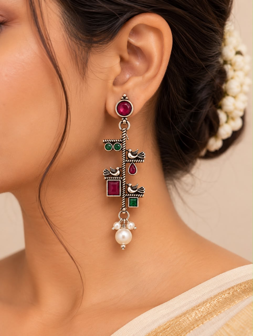 Ruby Emerald Bird Earrings(Oxidized)
