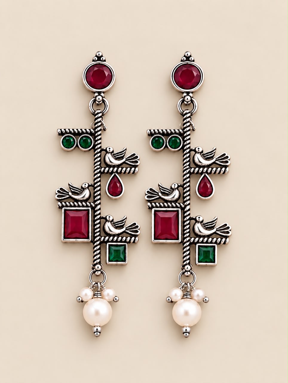 Ruby Emerald Bird Earrings(Oxidized)